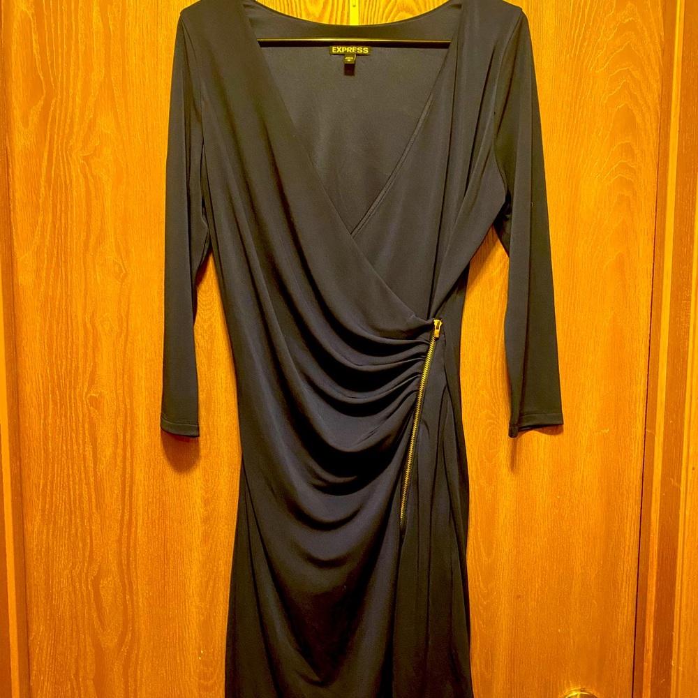 EXPRESS Low Cut Wrap Ruched Navy Blue Dress